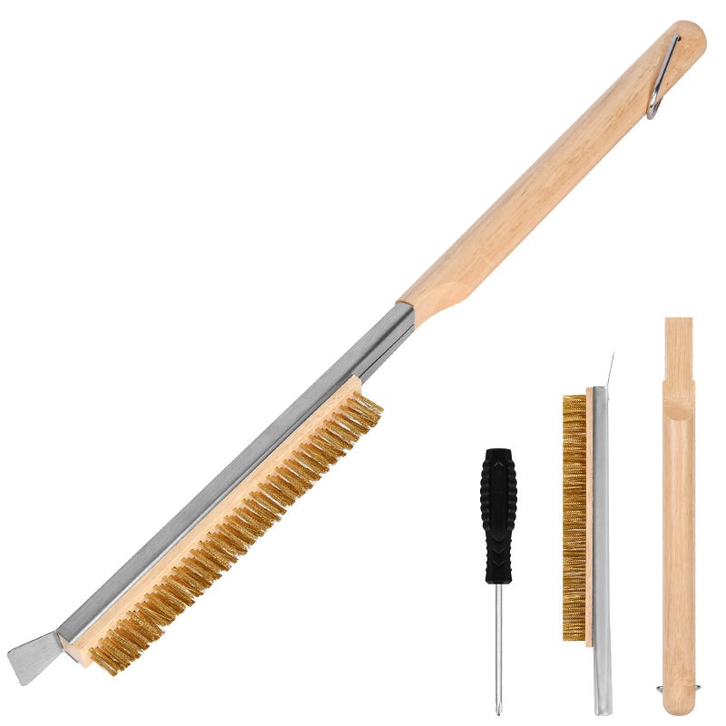 Aolso Pizza Oven Brush  21"" Brush and Stainless Steel Scraper for Pizza Stone  BBQ Grill Cleaning Brush Non Scratch Heat Proof Brass Bristles with Screwdriver  Outdoor Pizza Oven and Accessories - Image 1
